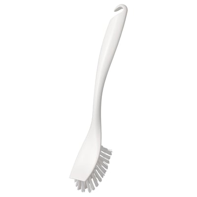 Brosse à vaisselle blanche ANTAGEN : manche ergonomique, poils durs, trou de suspension.