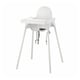 Chaise haute ANTILOP blanche ; Assise en plastique, pieds en métal, bretelles réglables.