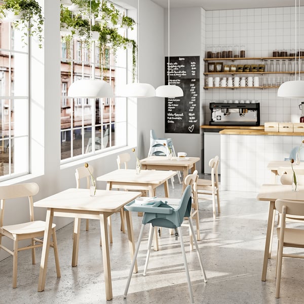 Café moderne avec des tables en bois, de grandes fenêtres, des plantes suspendues et un comptoir à café.