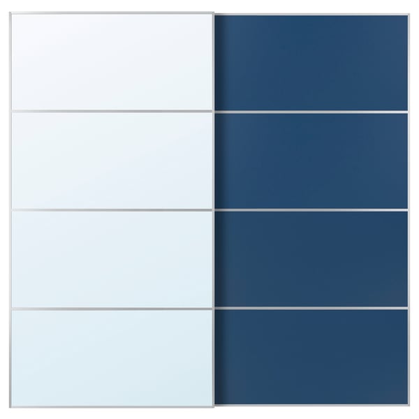 Une porte coulissante AULI avec des panneaux miroirs et bleus, en aluminium et en verre dans un design moderne.
