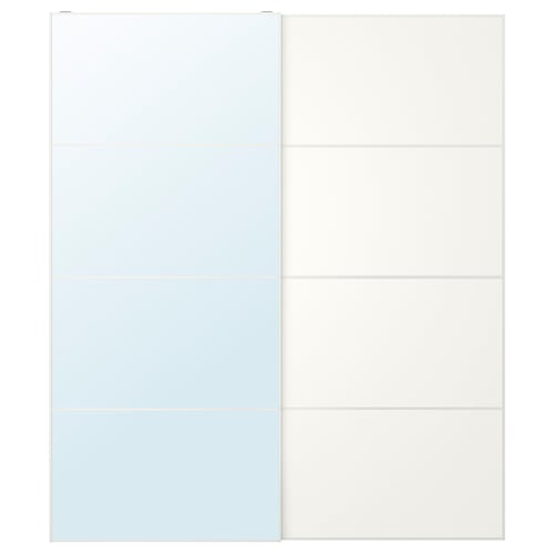 Conception de la porte coulissante : l’une en miroir, l’autre avec des panneaux à double face en blanc et bleu clair. Cadres en aluminium.