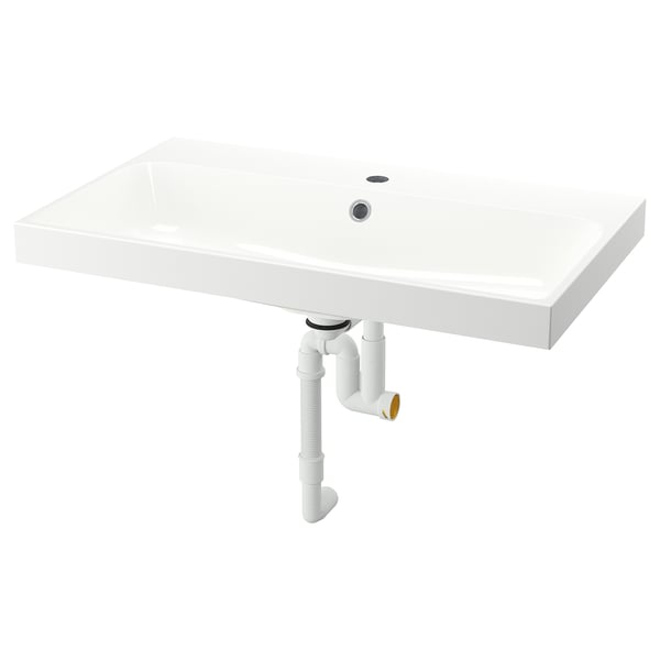 BACKSJÖN évier en marbre blanc. Design moderne, minimaliste, rectangulaire, lavabo intégré, aspect élégant.