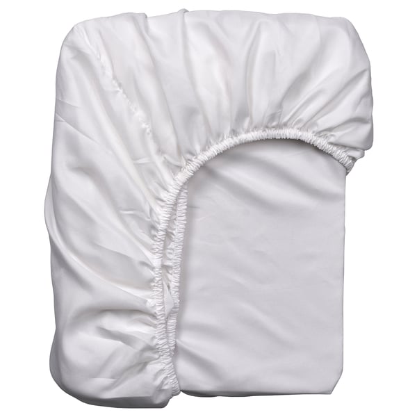 Drap-housse BÄRGLIM blanc, rectangulaire, bords élastiques pour matelas jusqu’à 16 cm, en polyester 100 % recyclé.