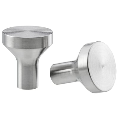Deux boutons BAGGANÄS, élégants et argentés, au design moderne avec des sommets lisses et arrondis et des tiges cylindriques.