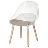 Chaise en acrylique transparent avec pieds en bois et coussin gris. Design moderne et minimaliste, élégant et confortable.