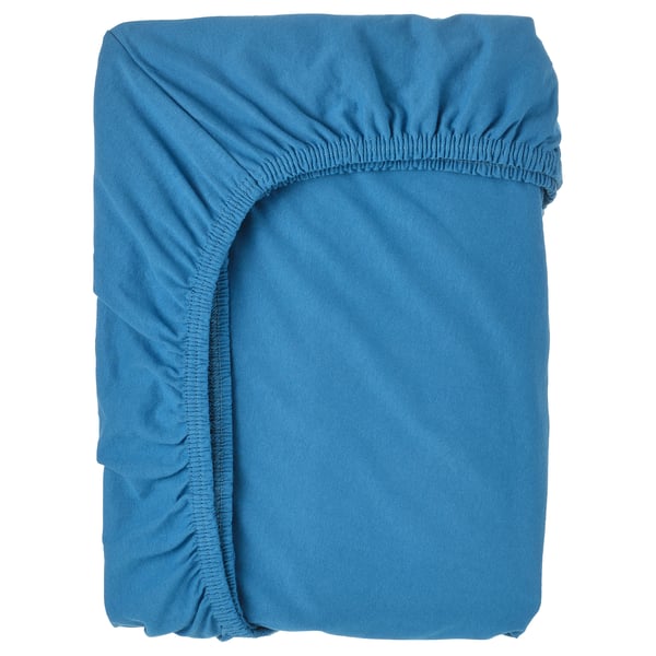 Drap-housse BARNDRÖM bleu, rectangulaire, couleur unie, bords élastiques, 100 % coton.