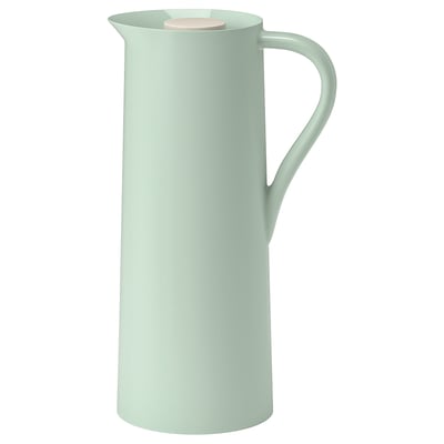 Fiole isotherme verdâtre avec couvercle en bois pâle, poignée et forme cylindrique.