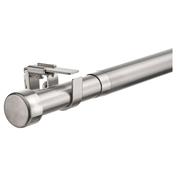 Ensemble de tringles à rideaux en argent BEKRÄFTA, en acier inoxydable, de forme cylindrique, comprend des connecteurs et des supports.