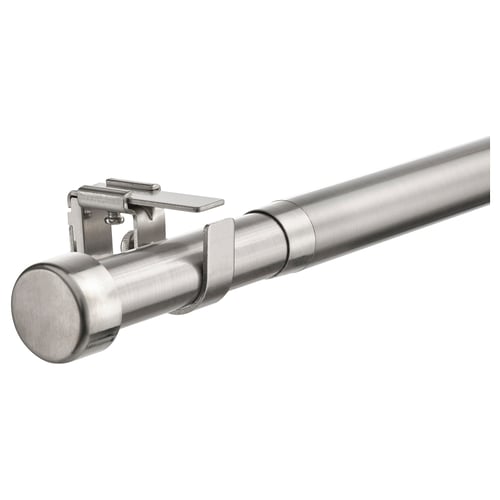 Ensemble de tringles à rideaux en argent BEKRÄFTA, en acier inoxydable, de forme cylindrique, comprend des connecteurs et des supports.
