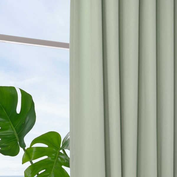 Rideaux vert clair à côté d’une fenêtre, partiellement tirés pour laisser entrer la lumière du jour. Une grande plante à feuilles vertes est au premier plan.