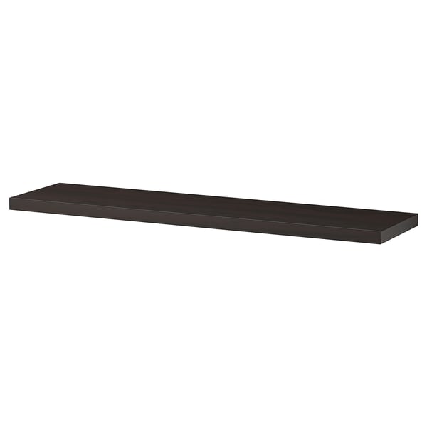 Une étagère murale BERGSHULT brun-noir avec un design biseauté et lisse en panneaux de particules et en plastique.