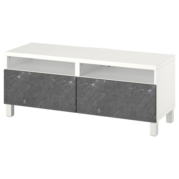 Meuble TV blanc moderne avec tiroirs effet marbre foncé, forme rectangulaire, design élégant.