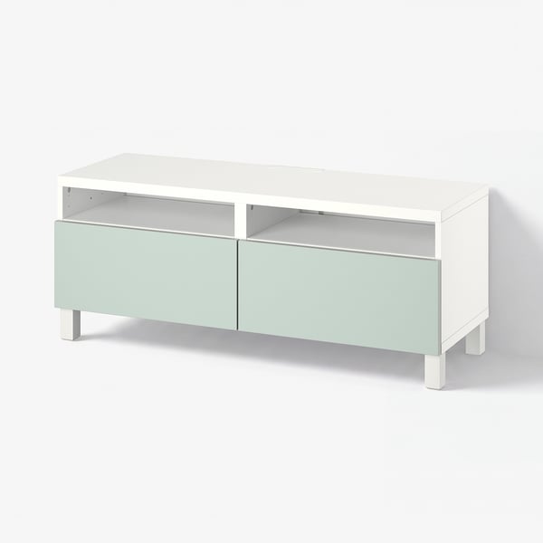 BESTÅ Banc TV avec tiroirs, blanc/Hjortviken/Stubbarp gris-vert pâle, 120x42x48 cm