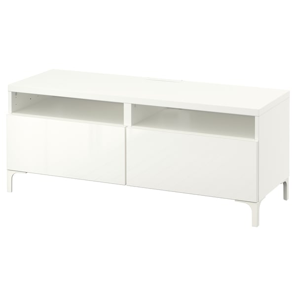 Banc tv BESTÅ blanc, moderne, rectangulaire, rangement à deux portes, design lumineux et minimaliste.