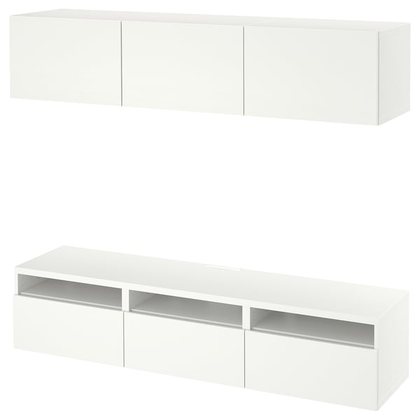 Deux meubles TV BESTÅ blancs : le bas a des étagères et des tiroirs, le haut a des armoires fermées. Design moderne et épuré.
