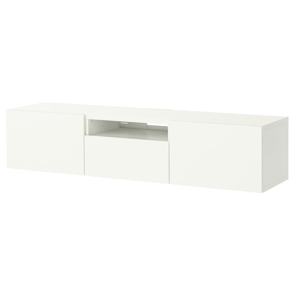 Établi TV blanc BESTÅ avec un centre unique ouvert, design moderne.