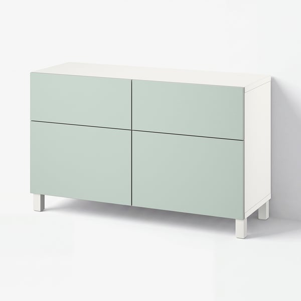 BESTÅ Combi rangement portes/tiroirs, blanc/Hjortviken/Stubbarp gris-vert pâle, 120x42x74 cm