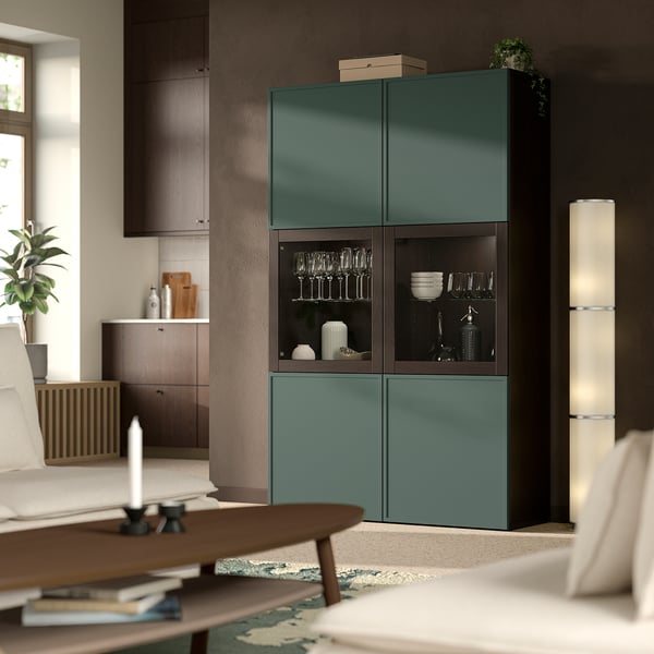 BESTÅ Combinaison rangement ptes vitrées, brun noir/Krukmakare gris-vert foncé, 120x42x193 cm