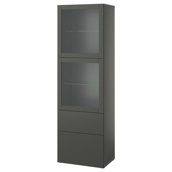 Grande armoire BESTÅ gris foncé avec portes et tiroirs en verre.