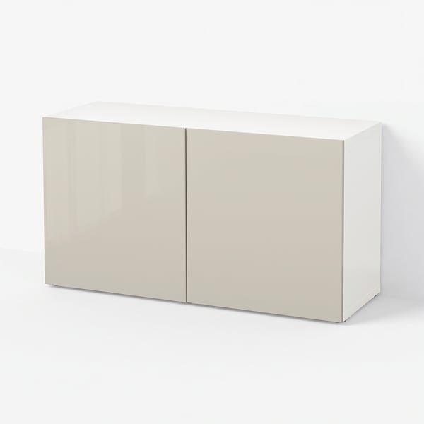 BESTÅ Étagère avec portes, blanc/Selsviken brillant/beige, 120x42x64 cm