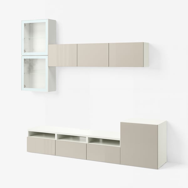 BESTÅ Rangement TV/vitrines, blanc/Selsviken brillant/beige verre transparent, 300x42x211 cm