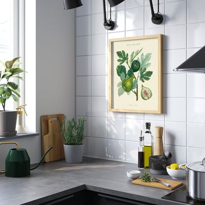 Cuisine moderne avec une grande affiche de figuier au-dessus du comptoir, contenant divers articles de cuisine.