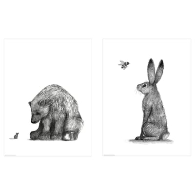 Deux croquis en noir et blanc : un ours et une petite souris, et un lapin avec une abeille volante.