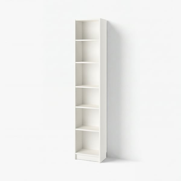 Une étagère BILLY blanche. Elle est haute et étroite avec des étagères réglables, parfaite pour les petits espaces. Le design est simple et minimaliste.