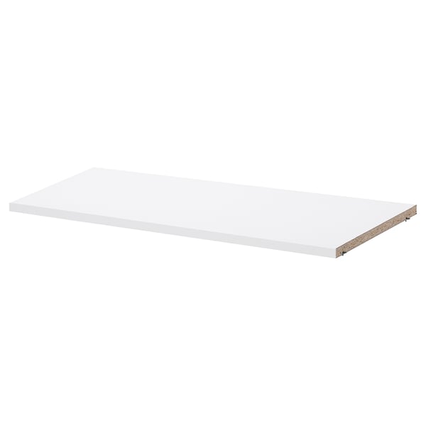 Étagère BILLY blanche, rectangulaire, design simple, panneaux de particules et plastique polypropylène.