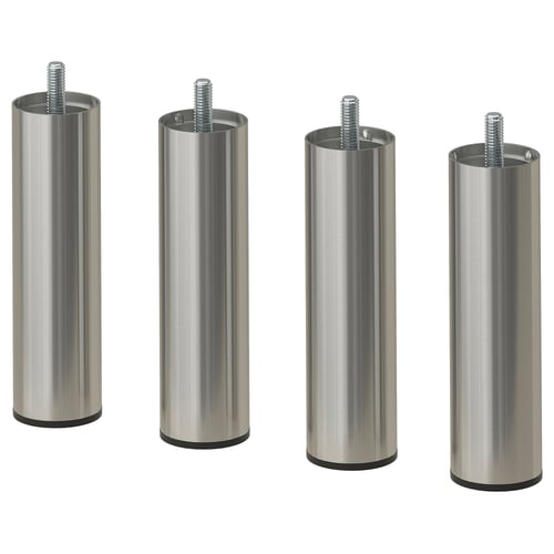 Quatre pieds en acier inoxydable avec vis, élégants et cylindriques, conçus pour les meubles, disposés uniformément.