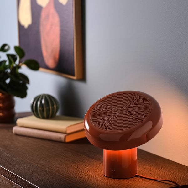 BLOMPRAKT Lampe enceinte bluetooth, rouge/brun