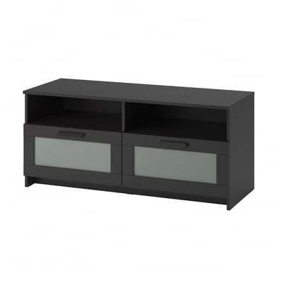 Un banc tv noir ikea BRIMNES avec deux tiroirs et des étagères ouvertes.