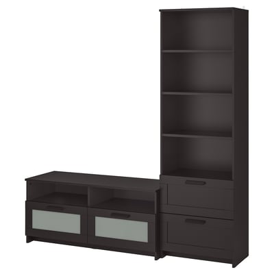 Meuble de rangement BRIMNES noir : banc tv avec portes vitrées, tiroirs ; Bibliothèque haute avec étagères. Design minimaliste et fonctionnel.