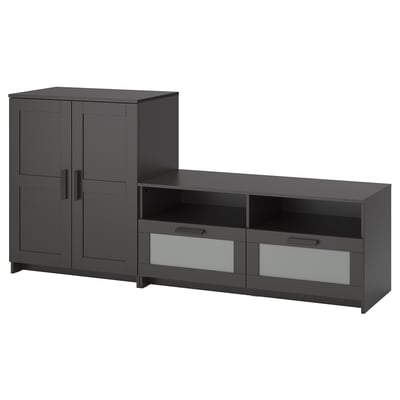 Ensemble de meuble TV moderne gris foncé comprenant une armoire avec des portes et de grands tiroirs pour le rangement, un design élégant.