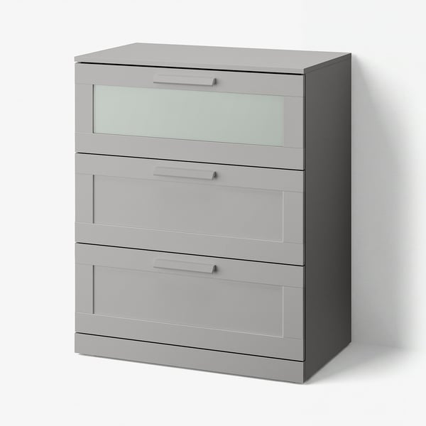 BRIMNES verre gris givré pour la poitrine, trois tiroirs, design moderne et élégant.