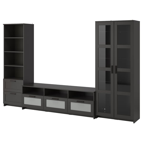 Meuble TV moderne gris foncé avec portes en verre, tiroirs et étagères réglables.