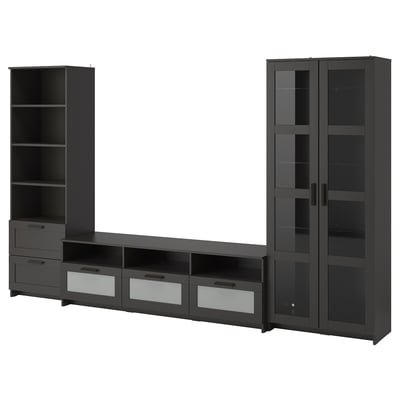 Meuble TV moderne gris foncé avec portes en verre, tiroirs et étagères réglables.