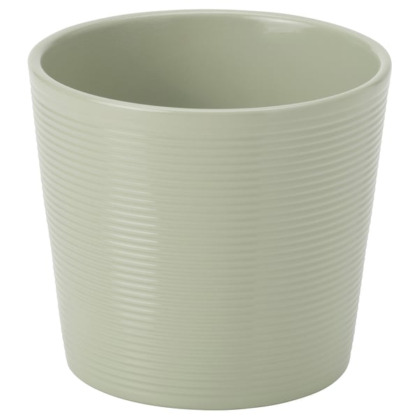 Jardinière rayée verte, cylindrique, revêtement en poudre de faïence.