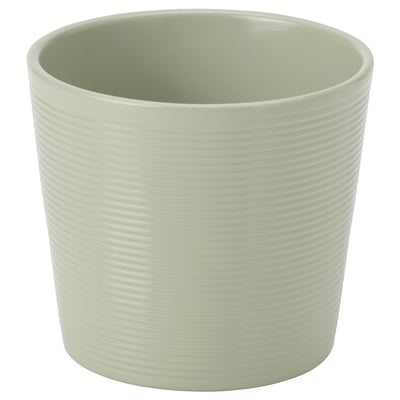 Jardinière rayée verte, cylindrique, revêtement en poudre de faïence.