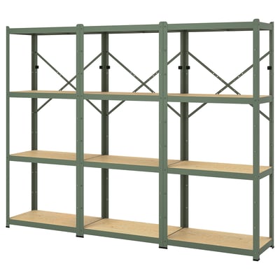 Une étagère en métal vert BROR avec quatre étagères en bois pour un rangement polyvalent.
