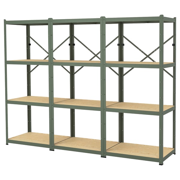 Étagère BRUN, verte, métal et bois, rectangulaire, design robuste.