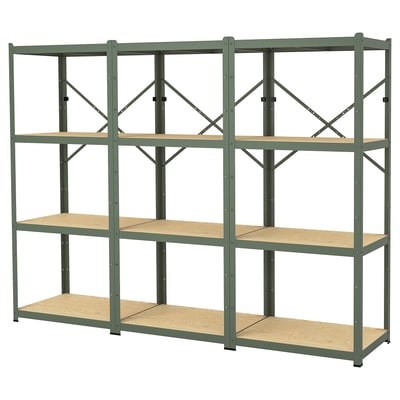 Étagère BRUN, verte, métal et bois, rectangulaire, design robuste.
