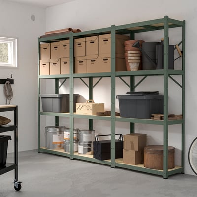 Étagères de rangement en métal vert BOR. Peut supporter 95 kg, robuste, grand, peut contenir des boîtes, des pots, des outils.