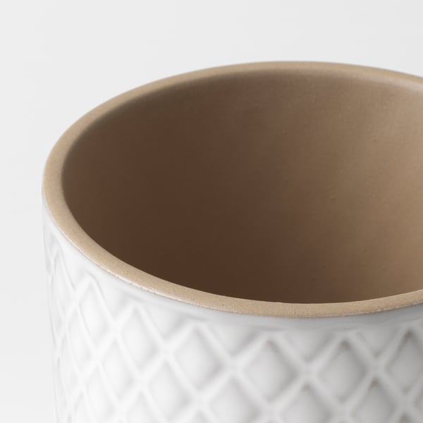 Jardinière en grès blanc avec motif en losange texturé, durable et résistante au gel.