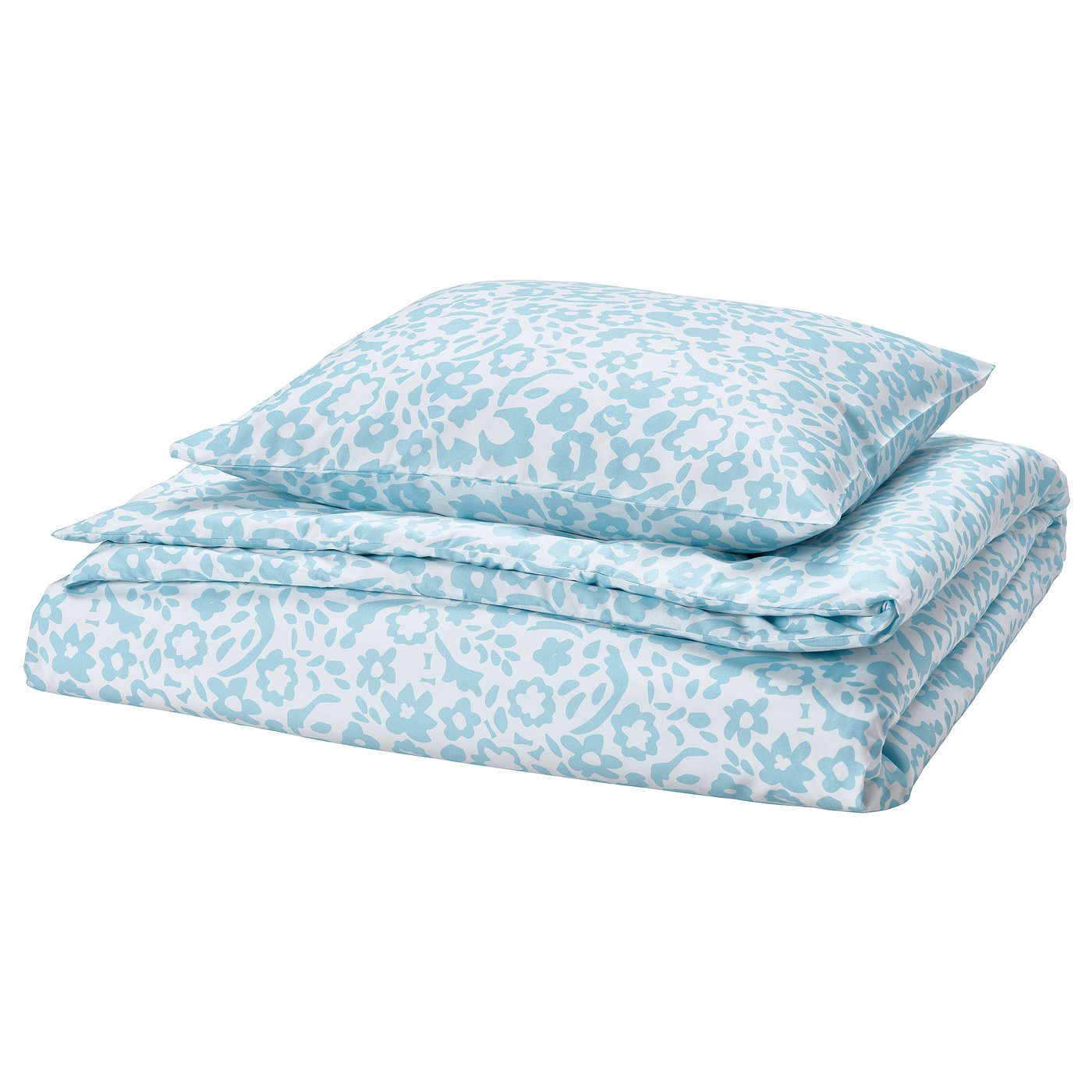 Parure de lit fleurie turquoise, pliée, en tissu doux en polyester recyclé.