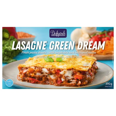 Boîte de rêve vert lasagne. Montre des lasagnes avec légumes, fromage et sauce béchamel. Marque : dalgairds, poids : 390g.