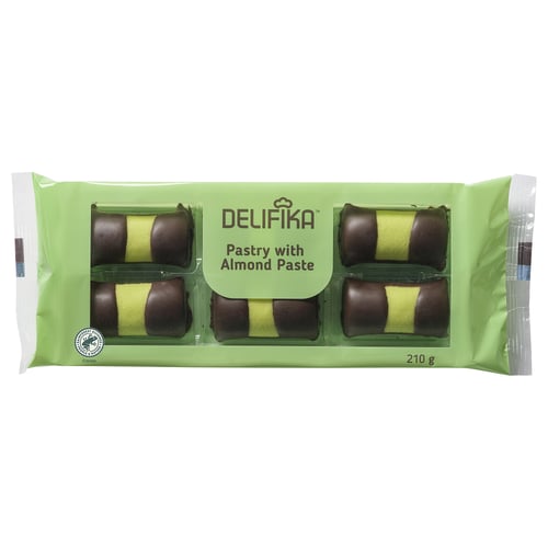 Paquet de pâte d’amande DELIFIKA, 210g, présentant six rouleaux enrobés de chocolat dans un emballage vert.