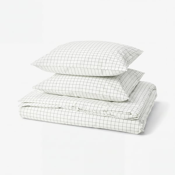 Ensemble de couette blanc DOFTAKLEJA avec accents anthracite, 100 % coton, motif à carreaux et rayures, comprend une housse et deux taies d’oreiller.