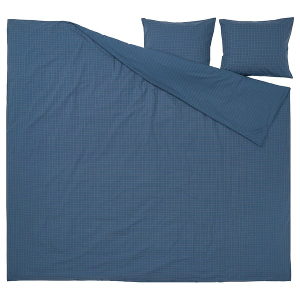 Ensemble de couette DOFTAKLEJA, bleu foncé, 100 % coton, avec motifs à carreaux et rayures cousus.