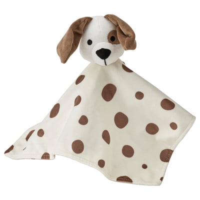 Mignon doudou pour chien, blanc avec des taches brunes et le visage. Matériau doux en polyester recyclé. Idéal pour les bébés.